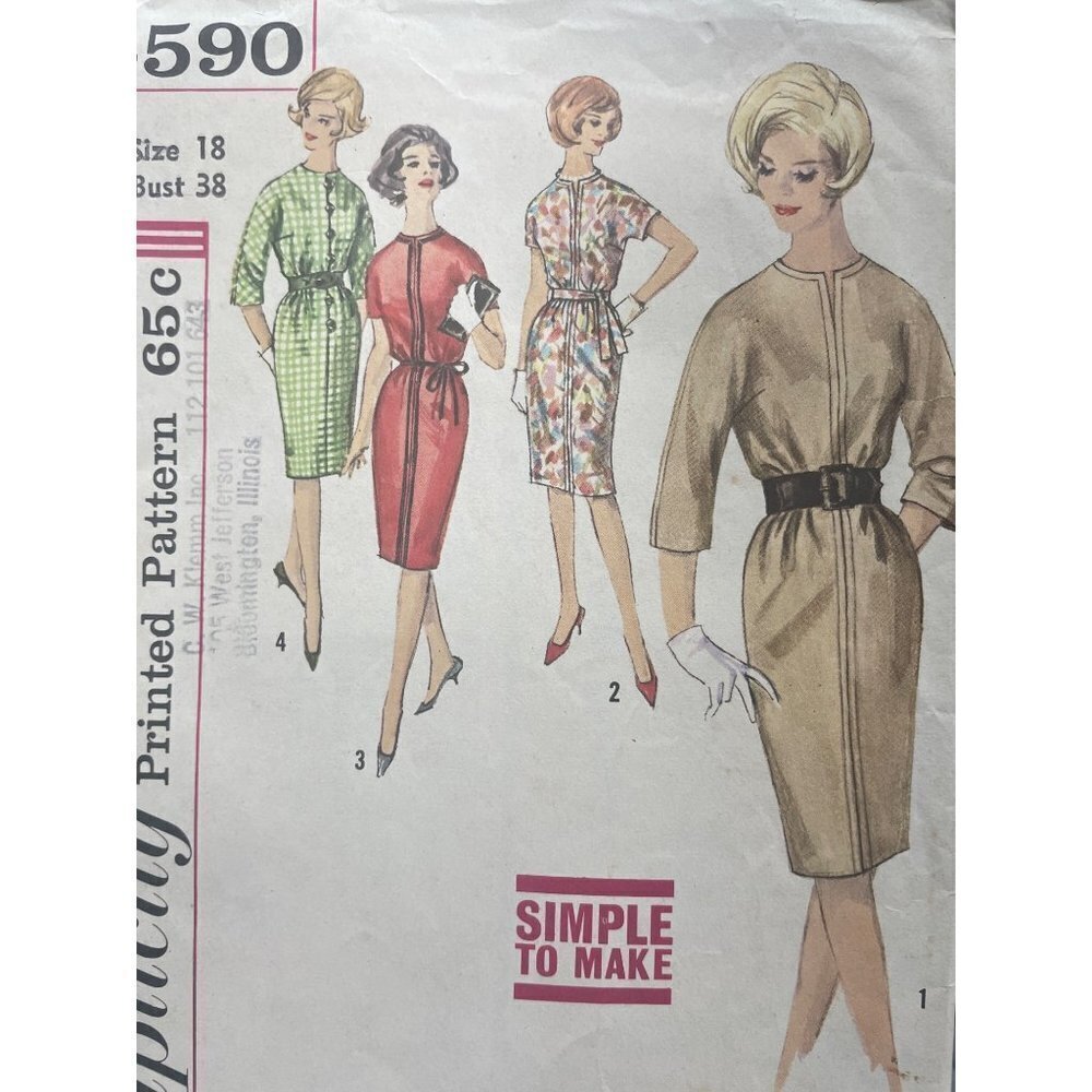 Simplicity Sewing Pattern 4590 Dress Sheath Shift Misses Size 18 PARTIAL CUT